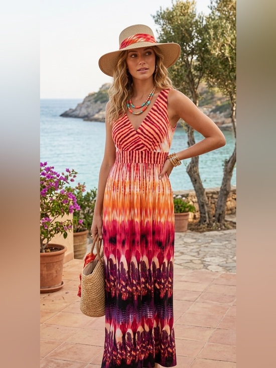 Studio I Dresses & Skirts - Studio I Sunset Tie-Dye V-Neck Maxi Dress in Pink and Orange
